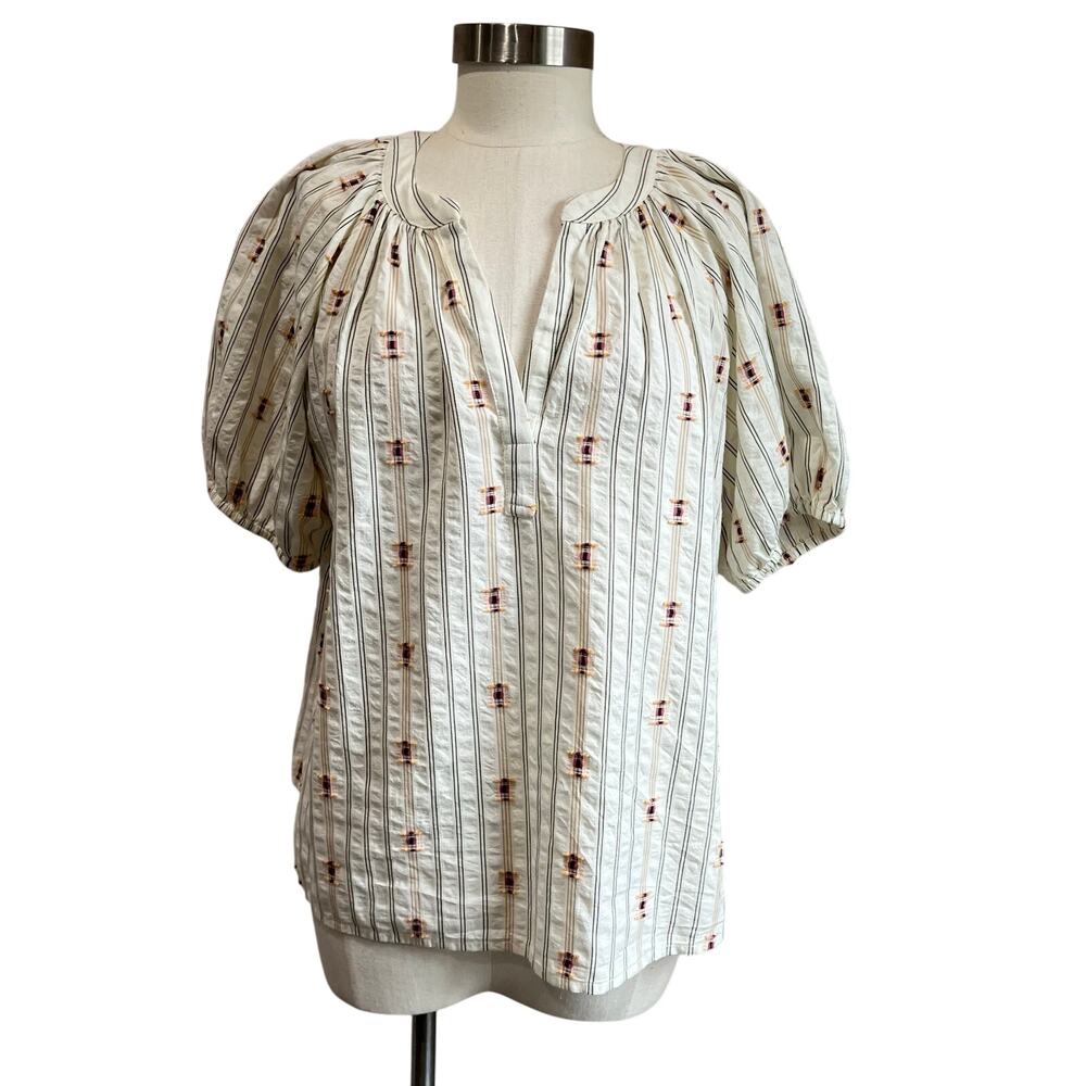 LOFT Clip Stripe Peasant Blouse M Puff Sleeve Boho Textured Feminine‎ Top